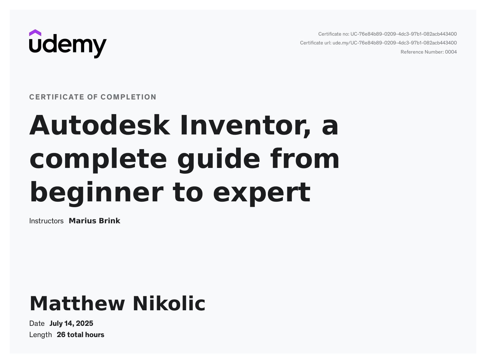 Autodesk Inventor — Beginner to Expert certificate