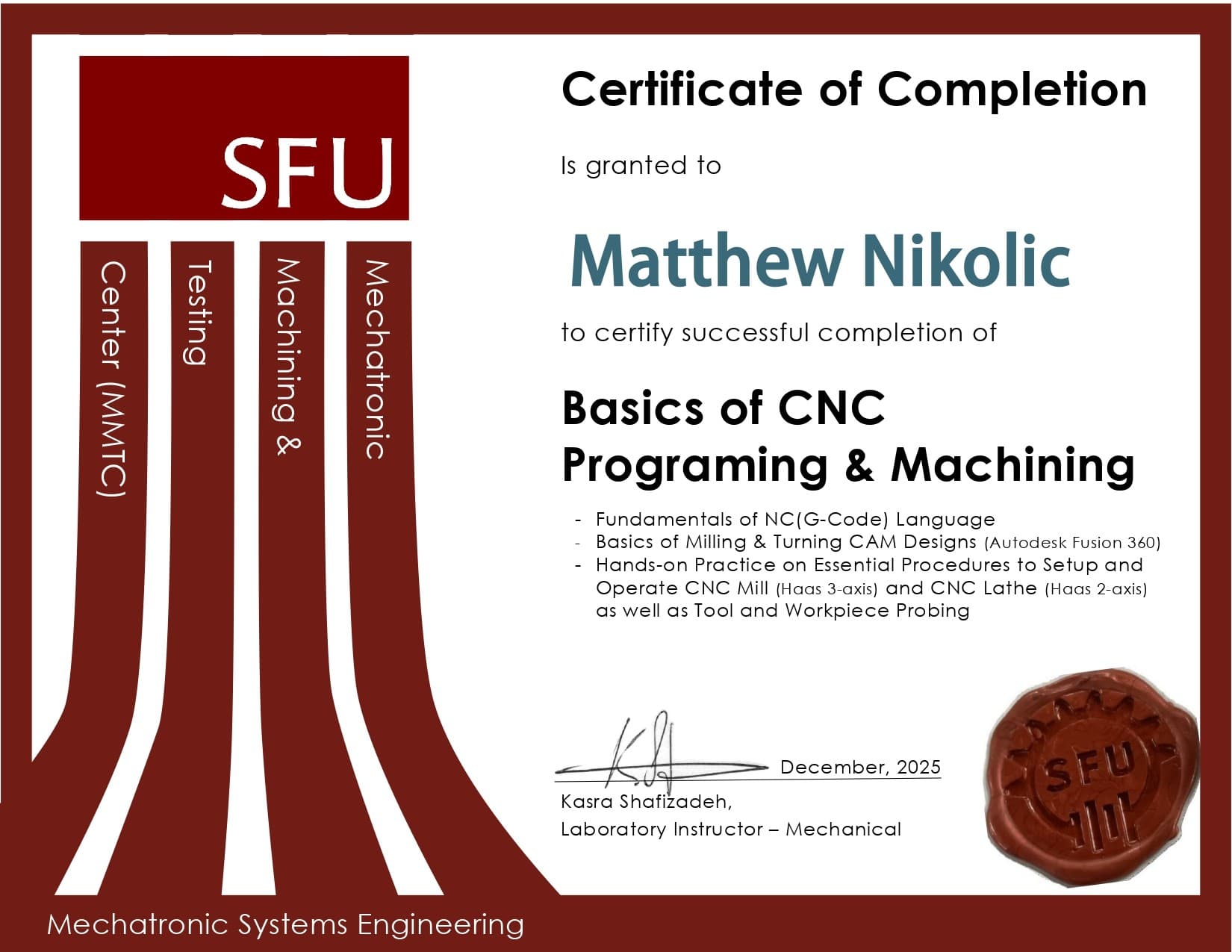 Basics of CNC Programming & Machining certificate
