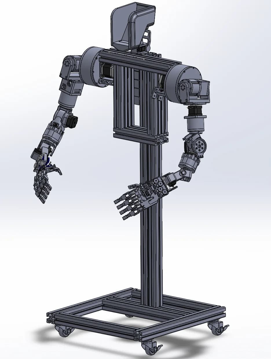 Early Otis Dynamics robot on an extrusion stand with two stepper-driven arms and servo hands