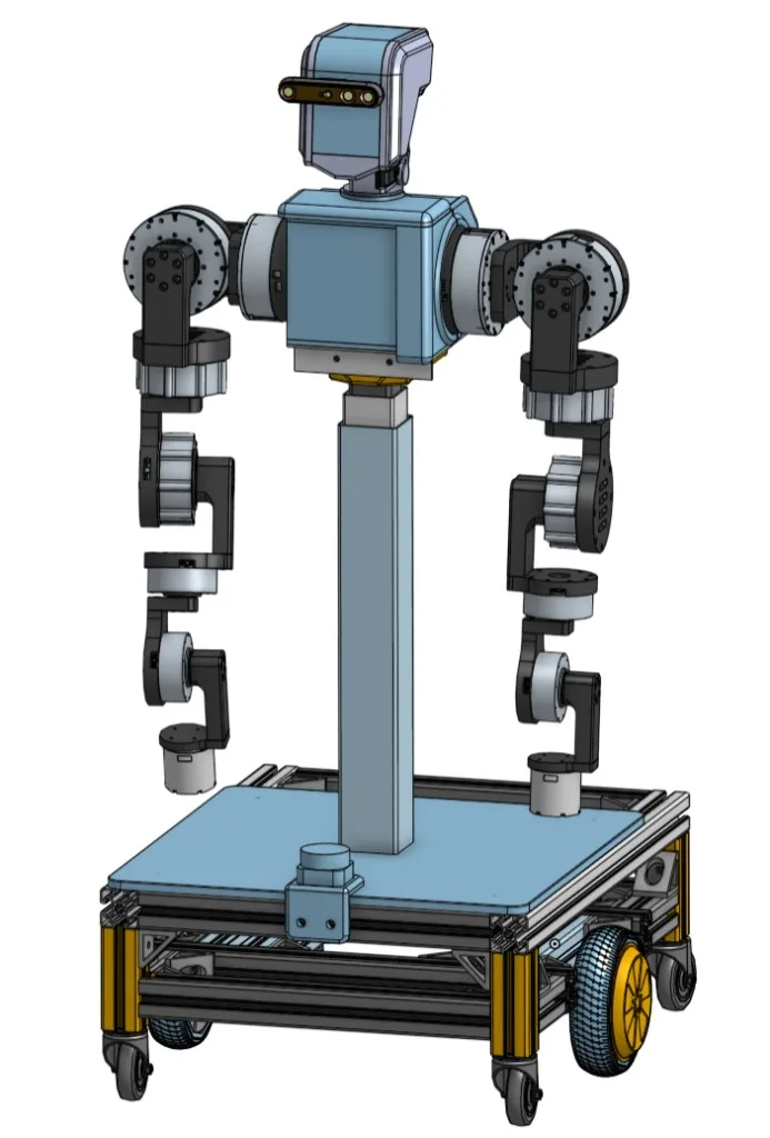 Current ECHO CAD with two arms, a vision head, translating torso, and a wheeled base, shown without covers