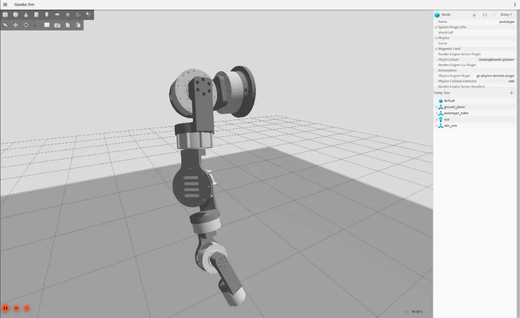 Gazebo Sim showing the Otis arm in the prototype world on a table over a ground plane