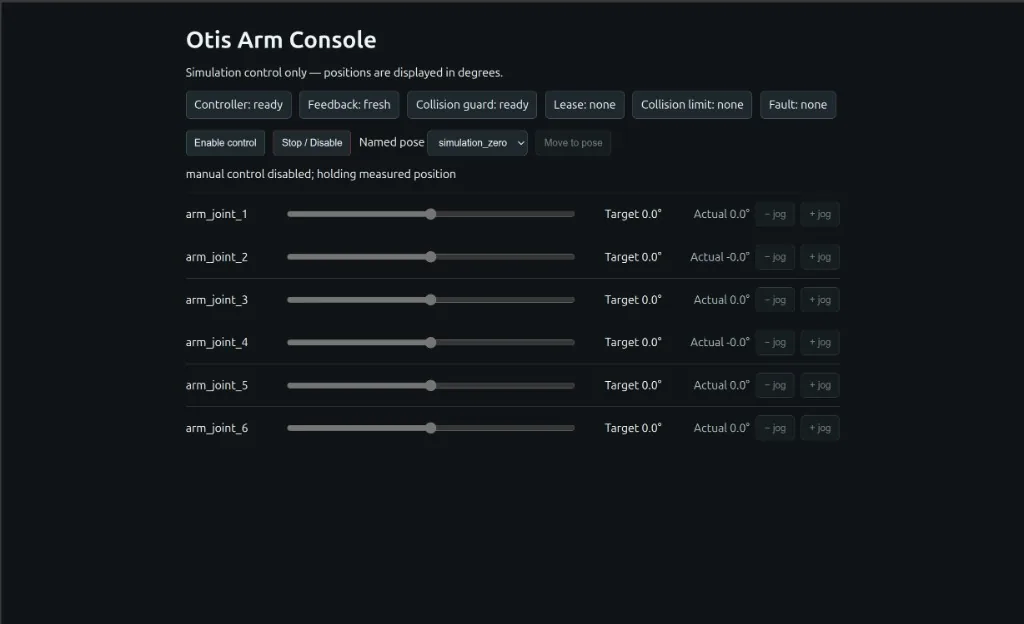 Otis Arm Console web app with six joint sliders, named pose simulation_zero, and simulation status chips