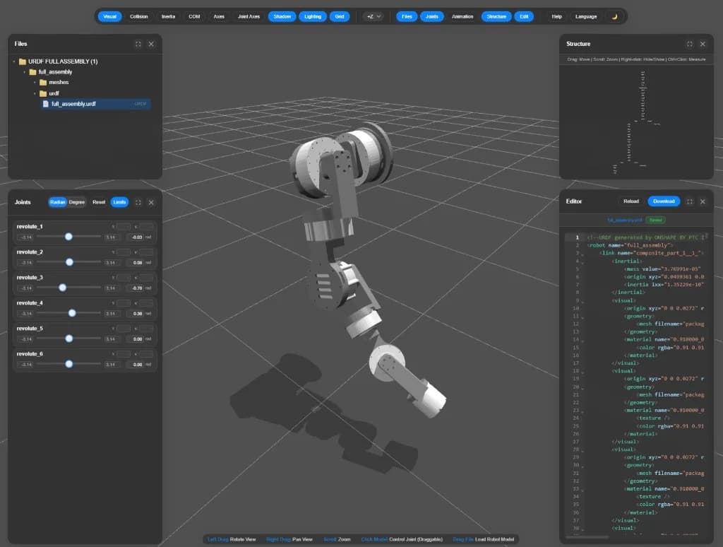Browser URDF viewer showing the exported Onshape arm with joint sliders